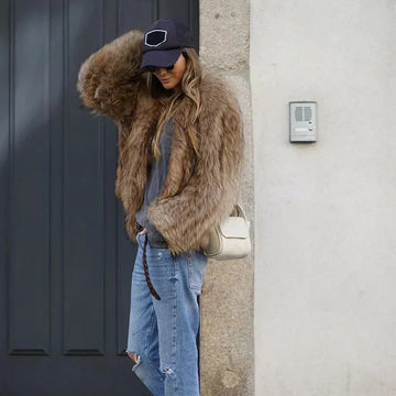Women's Brown Winter Jacket - Fuzzy Texture with Long Sleeves Design.