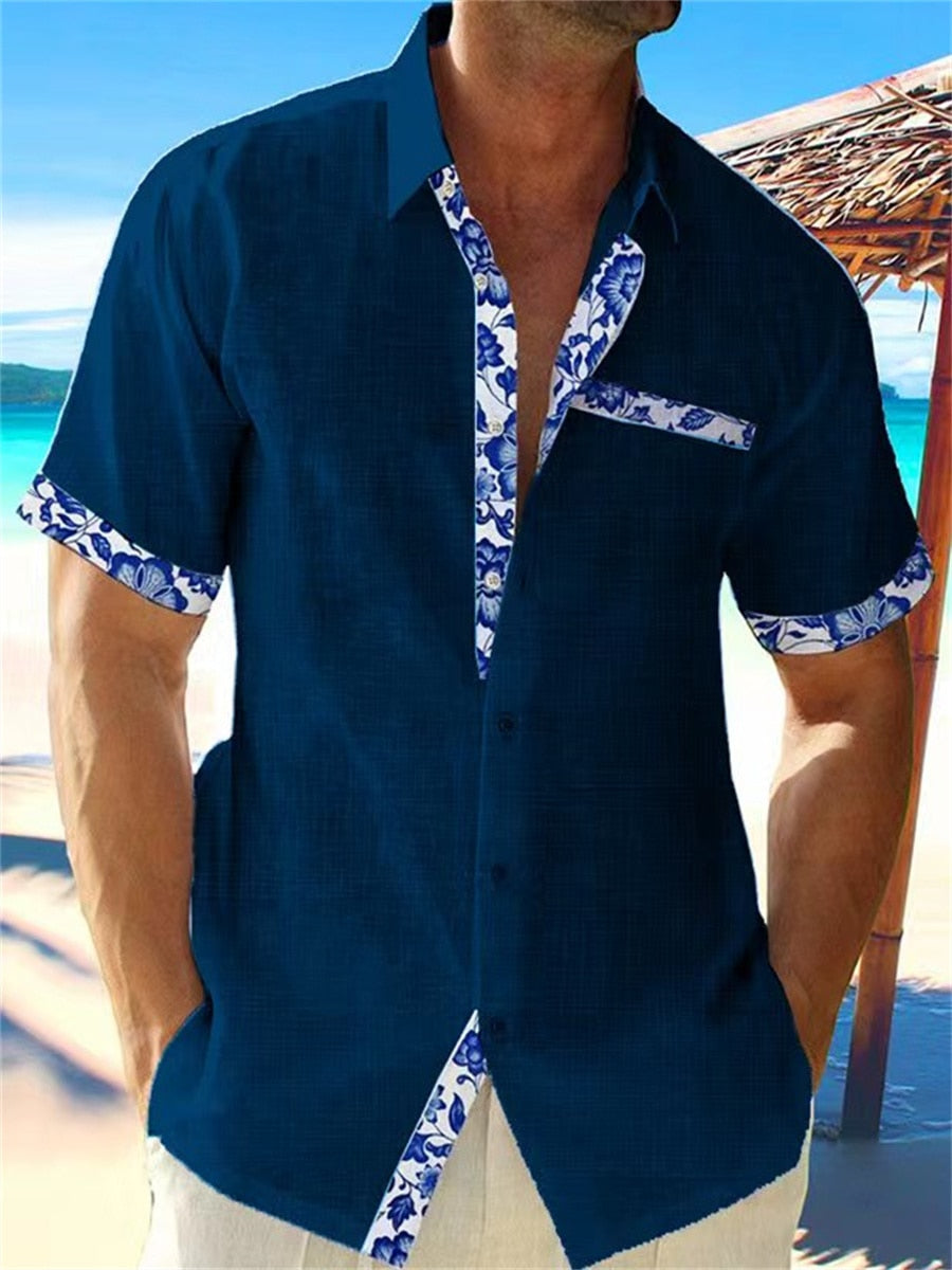 Stylish Linen Shirt with Floral Trim for Men