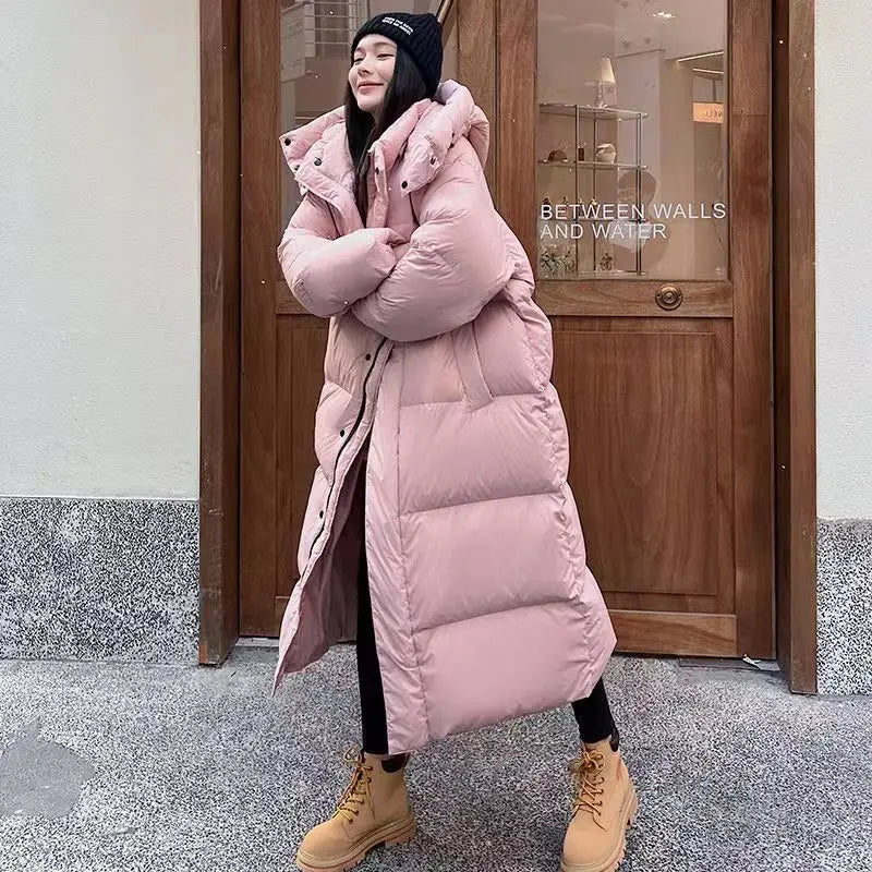 Women's Winter Puffer Coat - Longline Maxi with Detachable Hood Design