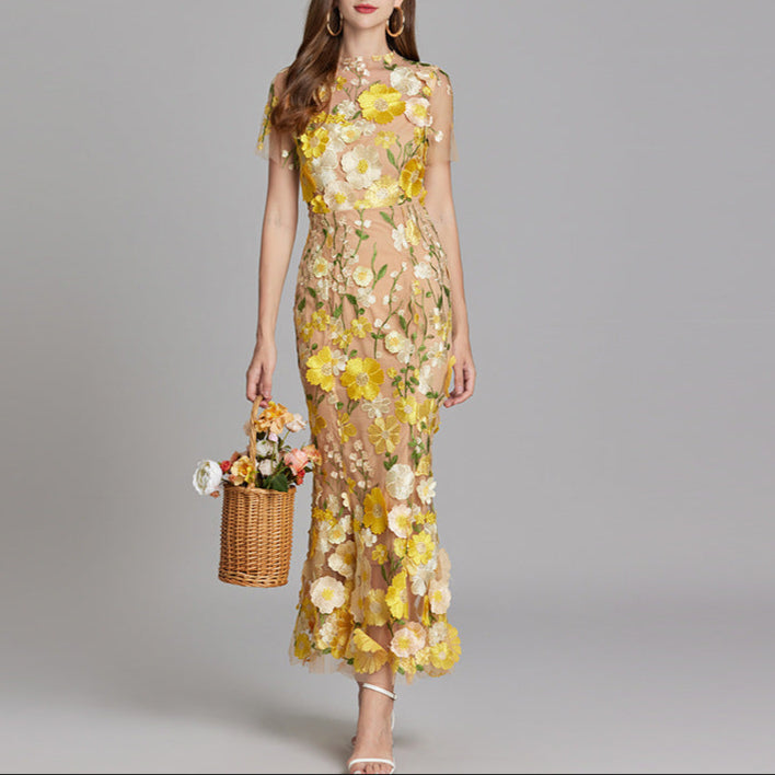 Women's Elegant Embroidered Midi Dress - Sleeveless, Timeless Design