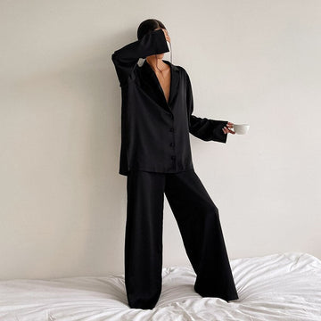 Women's Pyjama Set - Wide-Leg Trousers & Button-Down Shirt