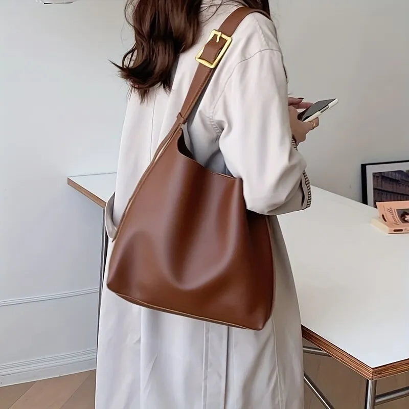 Women's Shoulder Bag - Wide Strap with Gold Buckle