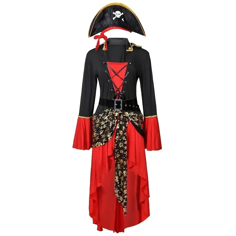 Women's Pirate Captain Halloween Costume Dress - Red & Black with Hat