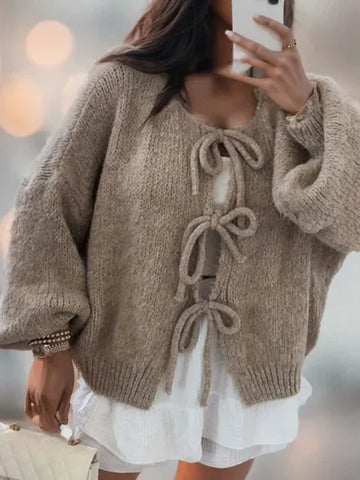 Women's Knitted Cardigan - Tie-Front Closure and Balloon Sleeves