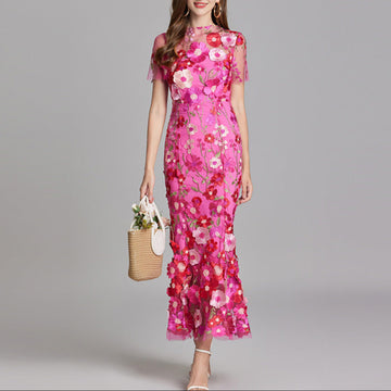 Women's Elegant Embroidered Midi Dress - Sleeveless, Timeless Design