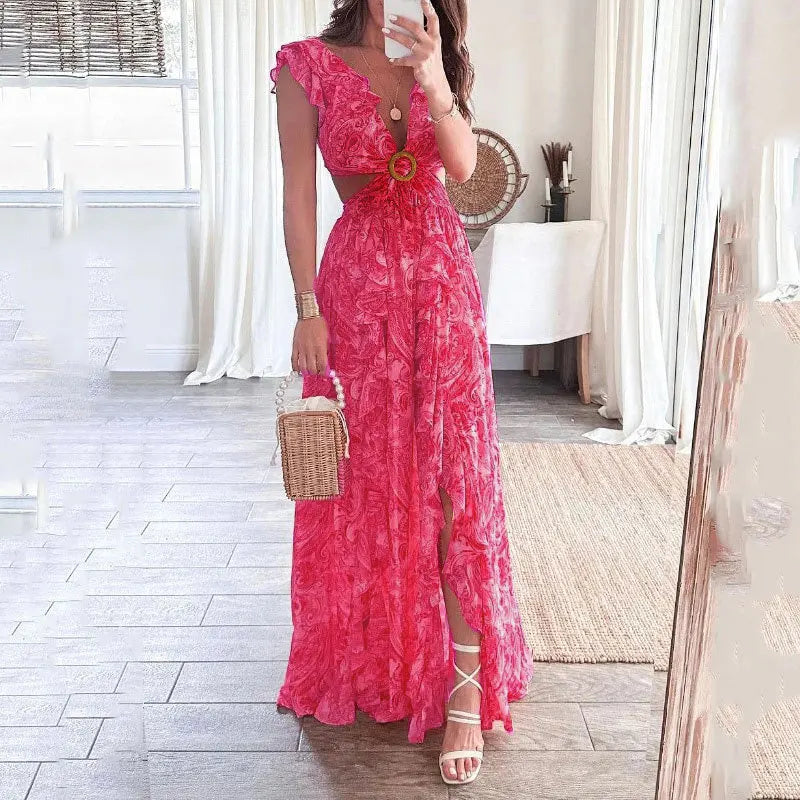 Wedding Guest Dress, Floral Ruffle Maxi Dress, Red Blue Pink