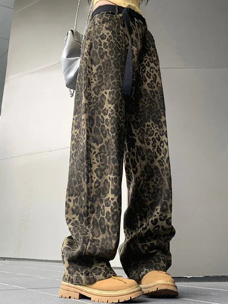 Women's Vintage Leopard Print Wide Leg Jeans - Streetwear Hip Hop