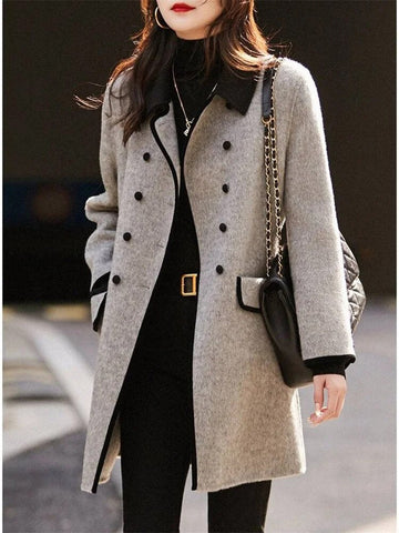 Women's Grey Winter Coat - Double-Breasted with Black Trim