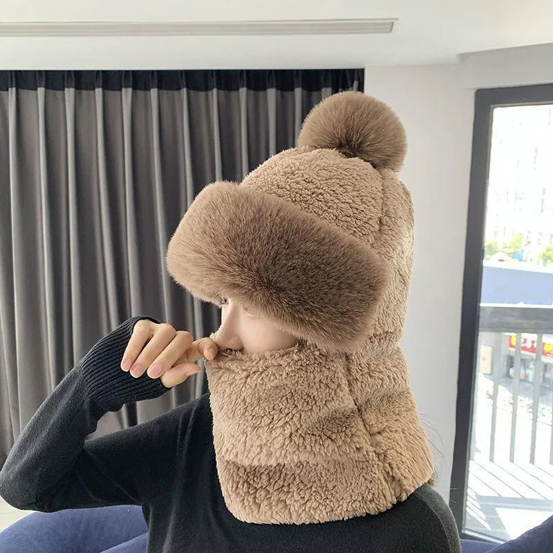 Women's Winter Beanie - Pom-Pom Balaclava with Scarf