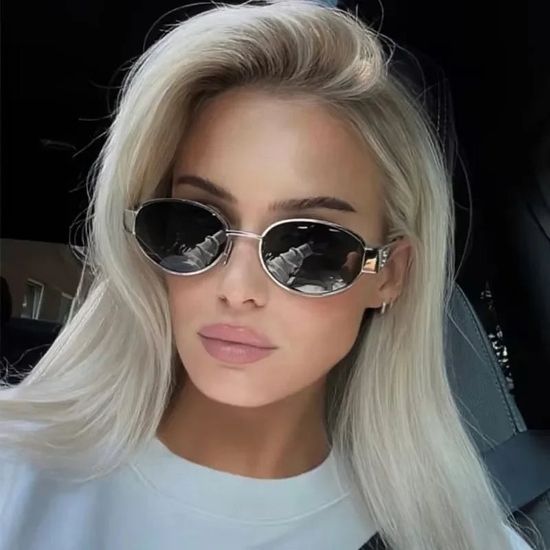 Slim Oval Metal UV400 Sunglasses for Women