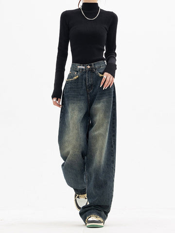 Women's Blue Grey Baggy Wide-Leg Jeans - High-Rise Fit