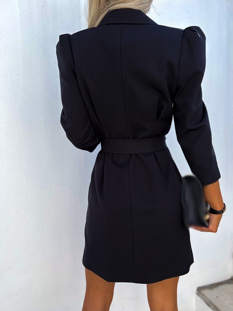Women's Double-Breasted Blazer Dress - Puff Sleeve, Tailored Fit
