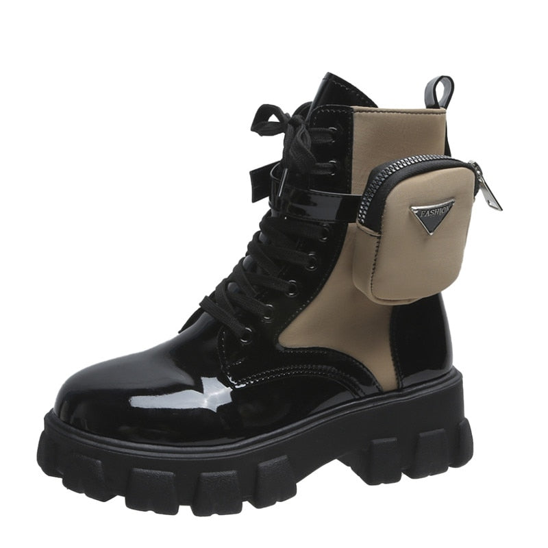 Women's Platform Combat Boots - Lace-Up with Detachable Pouch