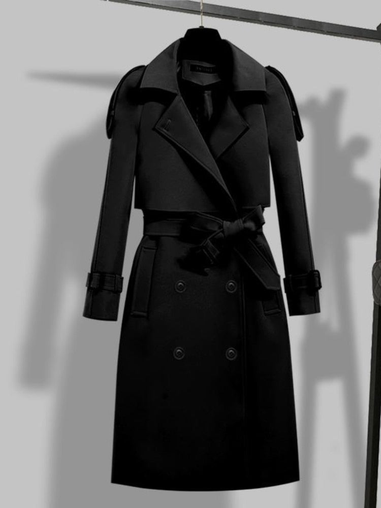 Women's Elegant Long Trench Coat - Double-Breasted & Belted