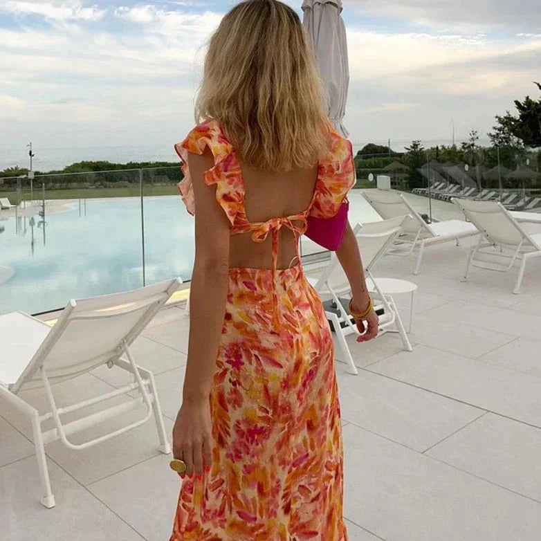 Vibrant Orange Ruffle Maxi Dress for Women