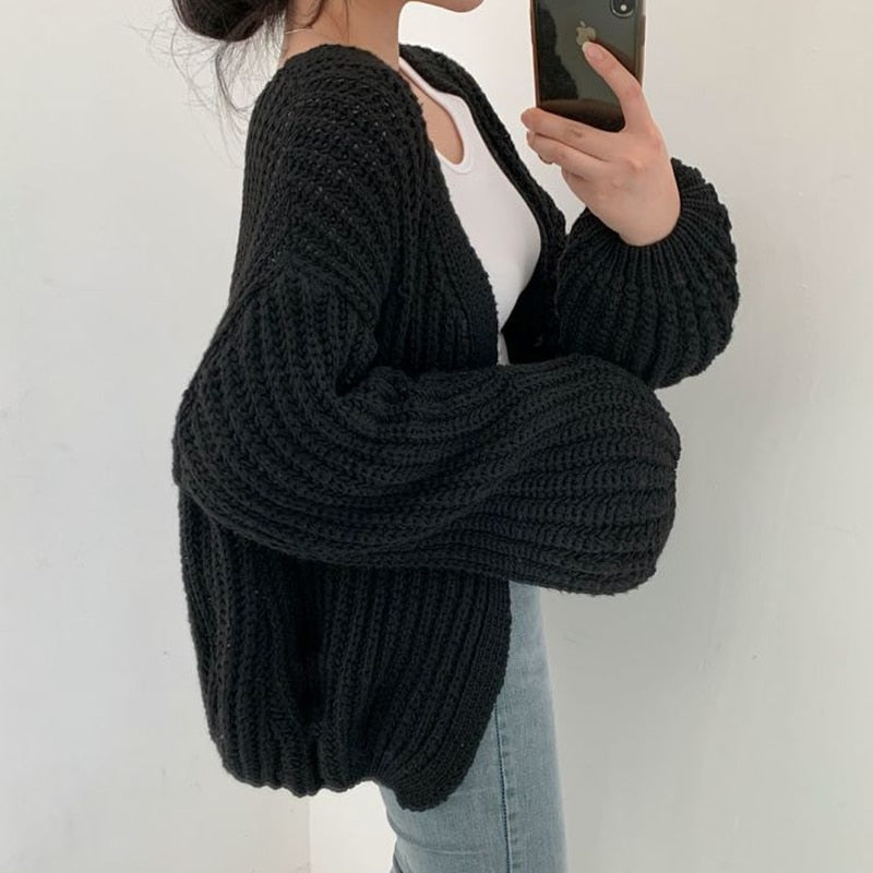 Women's Chunky Knit Cardigan - Balloon Sleeve & Open Front