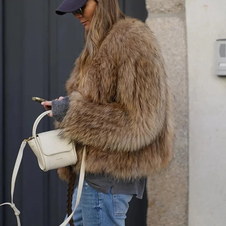 Women's Brown Winter Jacket - Fuzzy Texture with Long Sleeves Design.