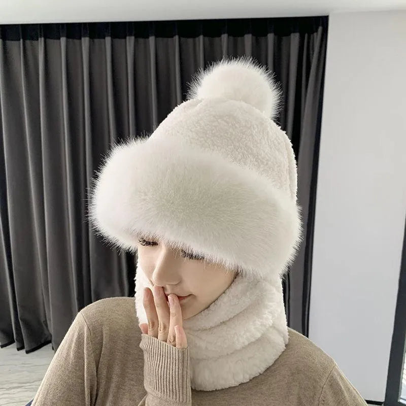 Women's Winter Beanie - Pom-Pom Balaclava with Scarf