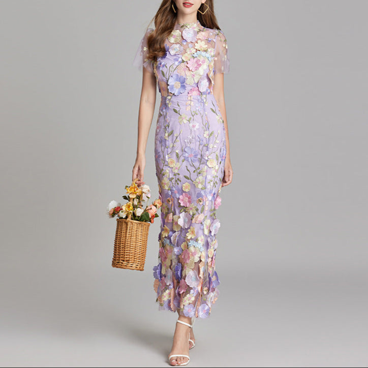 Women's Elegant Embroidered Midi Dress - Sleeveless, Timeless Design