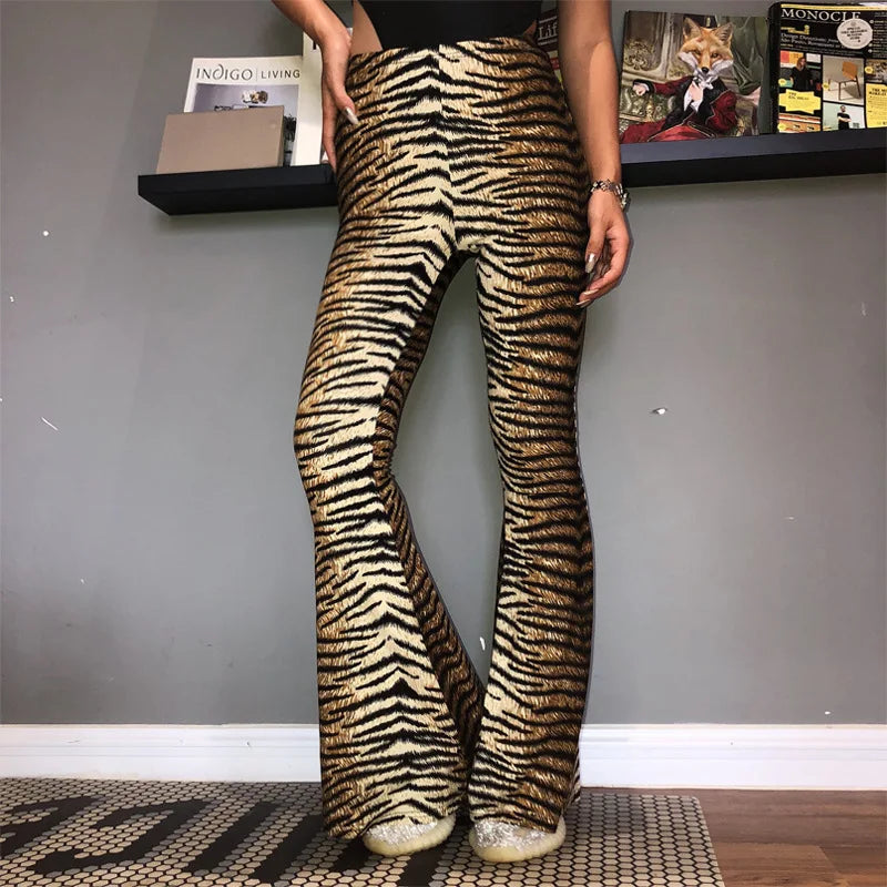 Women's Leopard & Tiger Print Flared Leggings - High Waist Club Wear