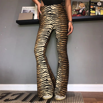 Women's Leopard & Tiger Print Flared Leggings - High Waist Club Wear