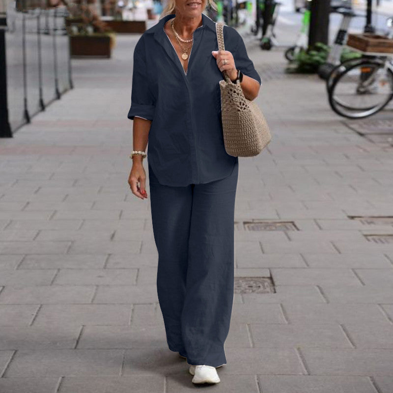 Chic and Elegant Long-Sleeve Blouse and Trousers Set for Women