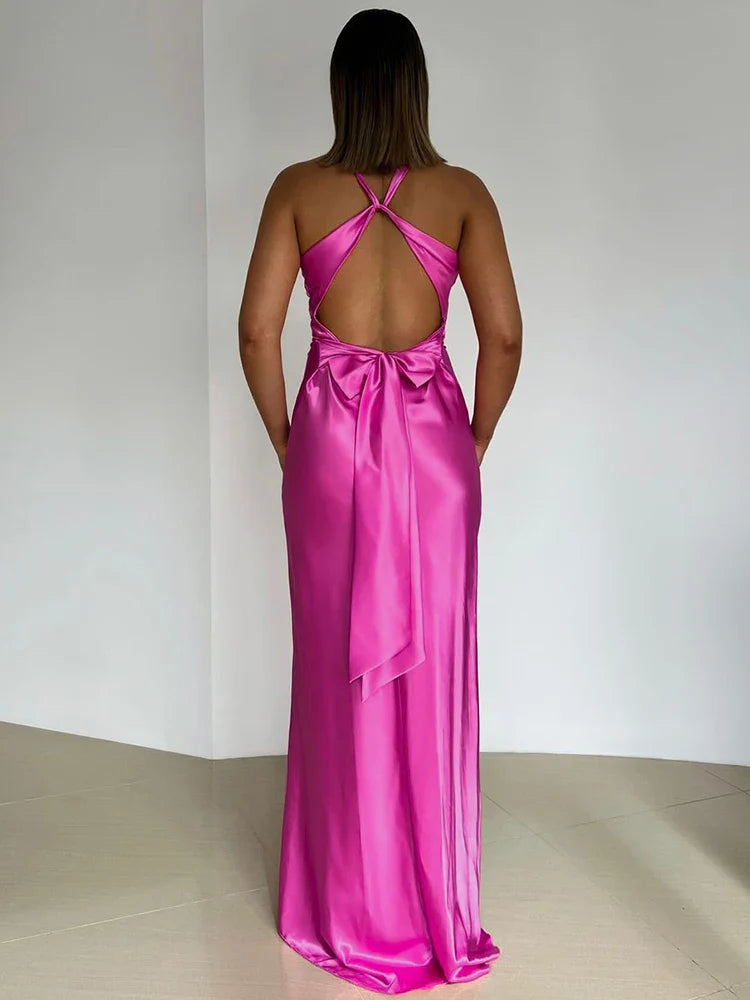 Elegant Satin Halter Neck Evening Dress for Women