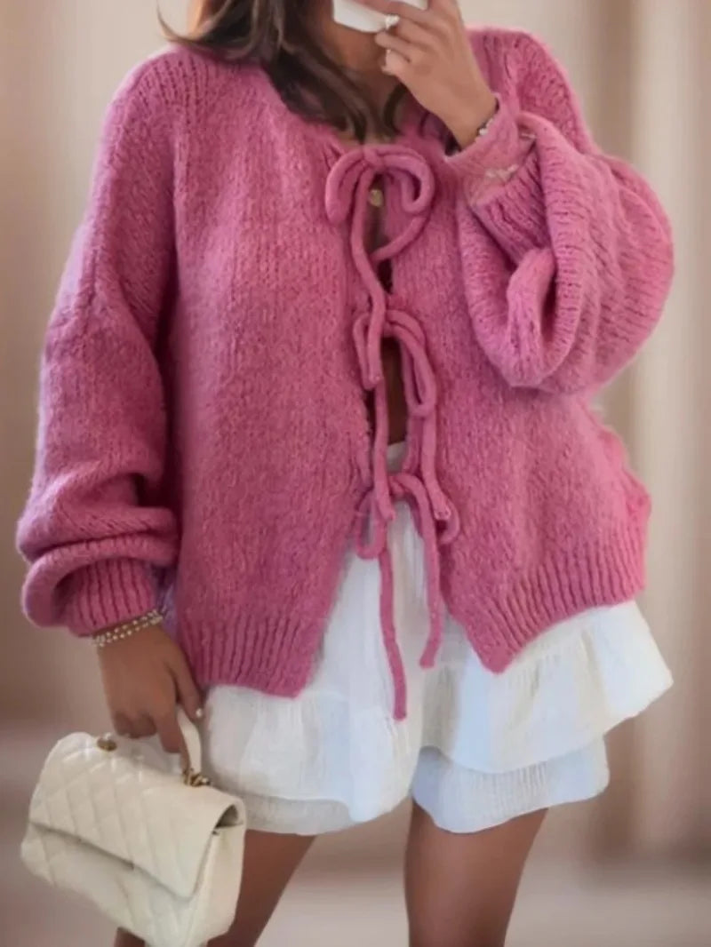 Women's Knitted Cardigan - Tie-Front Closure and Balloon Sleeves