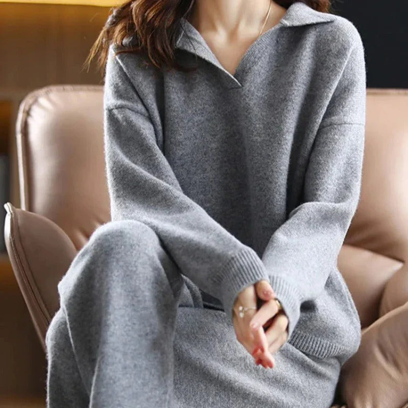 Women's Two Piece Set - Polo Neck Jumper with Wide Leg Trousers