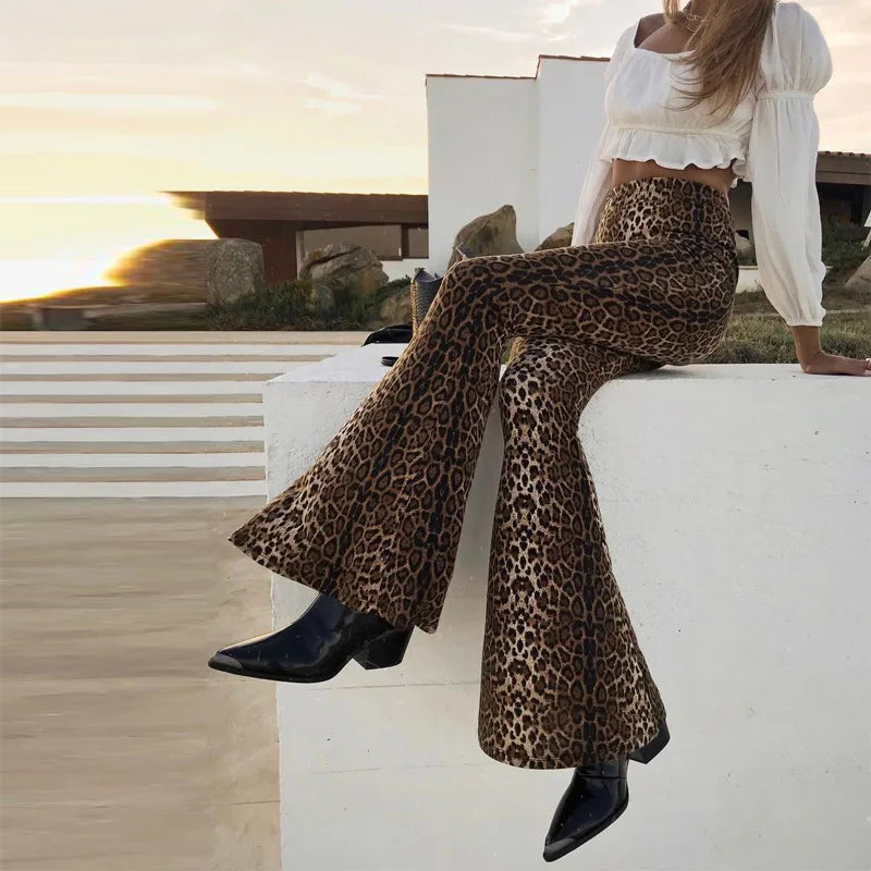 Women's Leopard & Tiger Print Flared Leggings - High Waist Club Wear