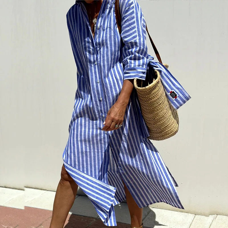 Women's Striped Long Sleeve Shirt Dress - Casual Office Elegant