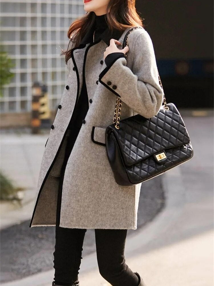 Women's Grey Winter Coat - Double-Breasted with Black Trim