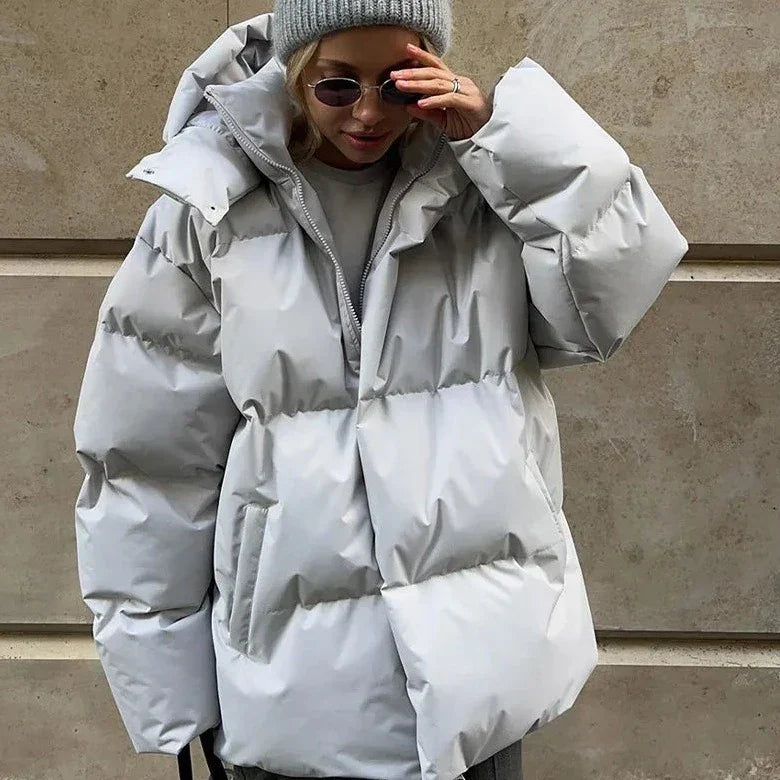 Women's Oversized Puffer Jacket - Winter High Neck Hood Design