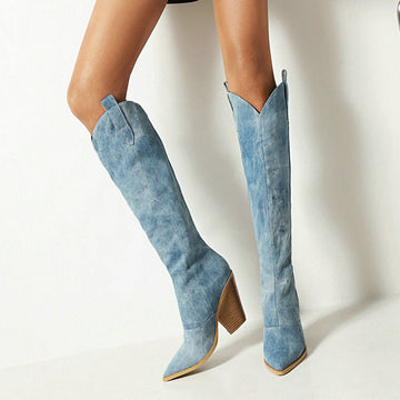 Women's Blue Knee High Boots - V-Cut Top with Block Heel and Pointed Toe