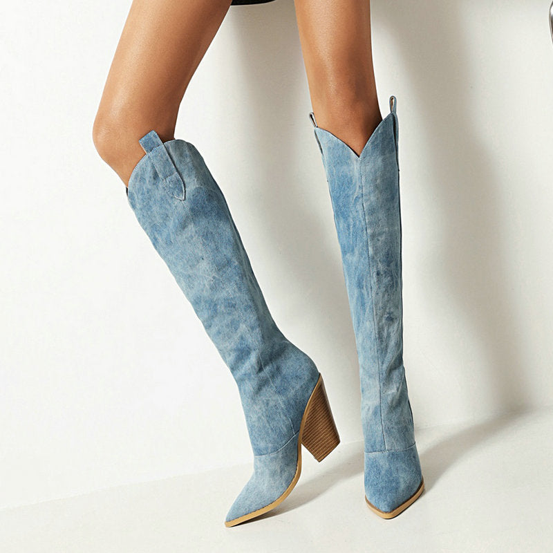 Women's Blue Knee High Boots - V-Cut Top with Block Heel and Pointed Toe