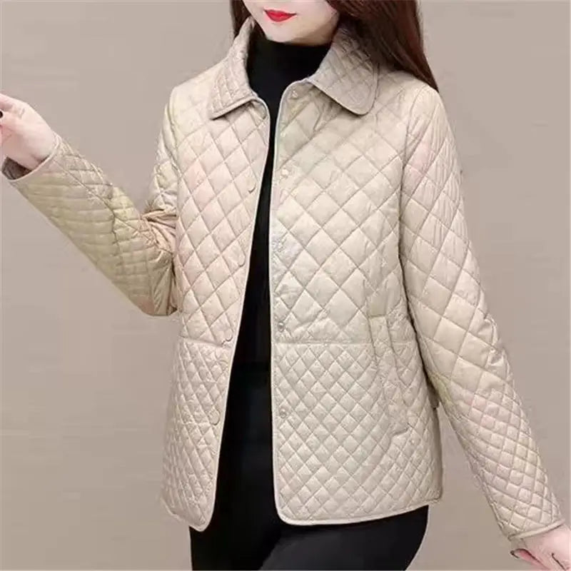 Women's Quilted Jacket - Fold-Down Collar with Button Front