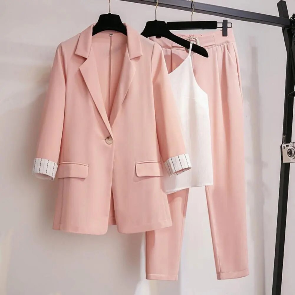 Women's 3-Piece Blazer Suit Set - One-Button Closure with Slim-Fit Trousers