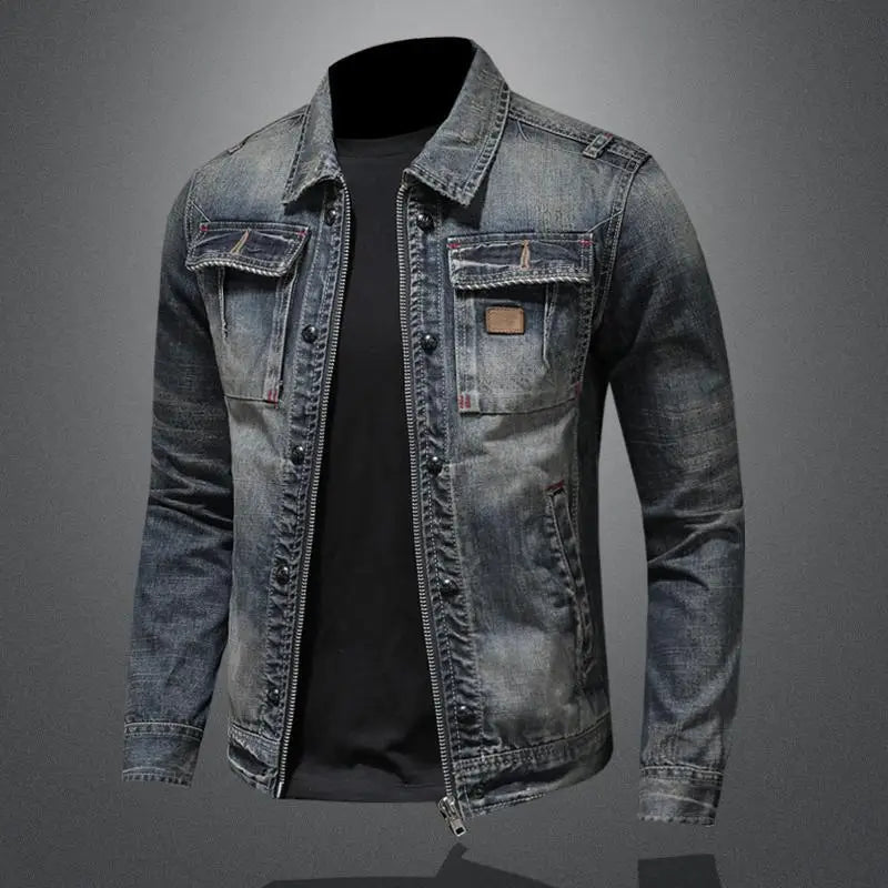 Men's Grey Trucker Jacket - Full-Zip with Buttoned Chest Pockets