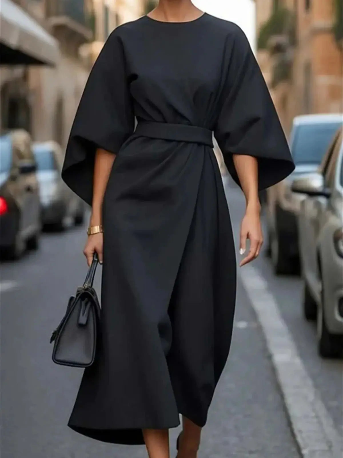 Elegant A-Line Maxi Dress with Belted Waist and Bell Sleeves for Women