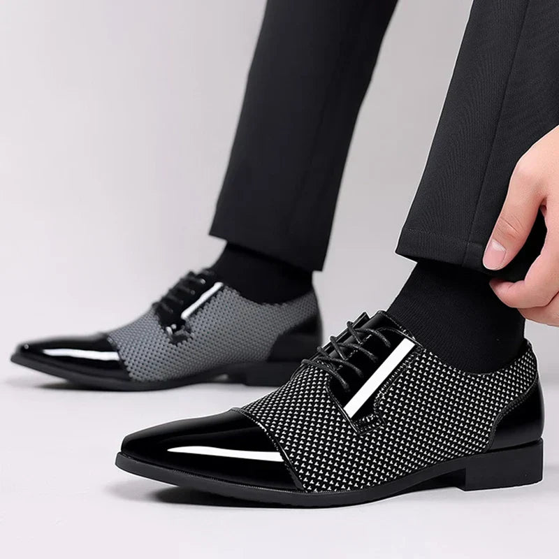 Men's Lace-Up Shoes - Patterned Design with High-Shine Cap Toe