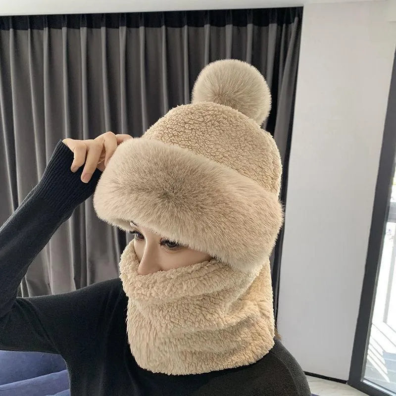 Women's Winter Beanie - Pom-Pom Balaclava with Scarf