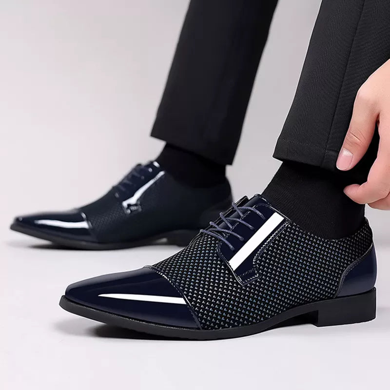Men's Lace-Up Shoes - Patterned Design with High-Shine Cap Toe