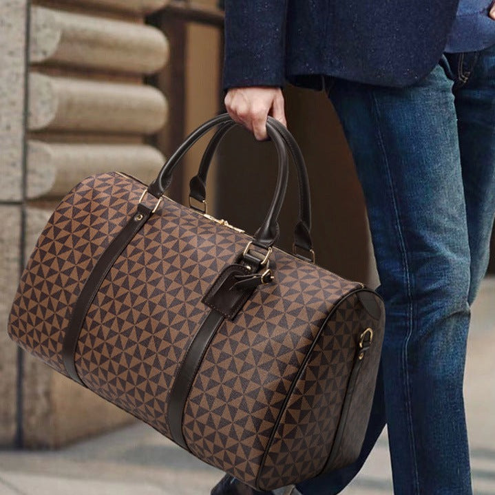 Men's Geometric Print Travel Duffle Bag - Leather Weekender