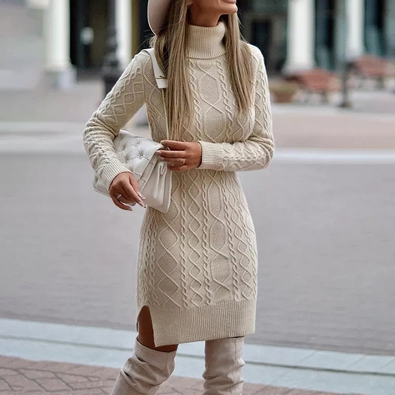 Women's Knitted Mini Dress - Turtleneck & Slim Fit