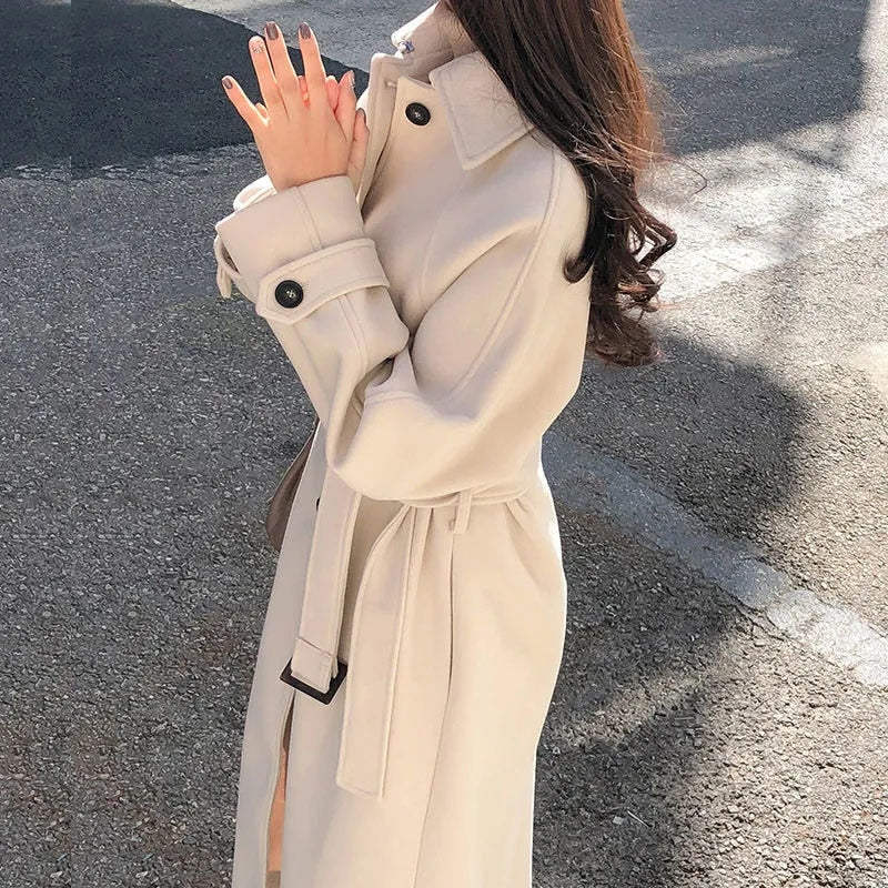 Women's Long Belted Trench Coat - Elegant Winter Outerwear