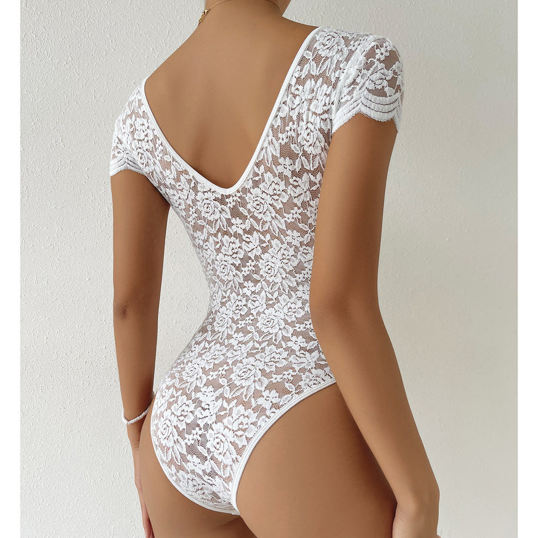 Women's Bodysuit - V Neck with Floral Pattern and Cap Sleeves