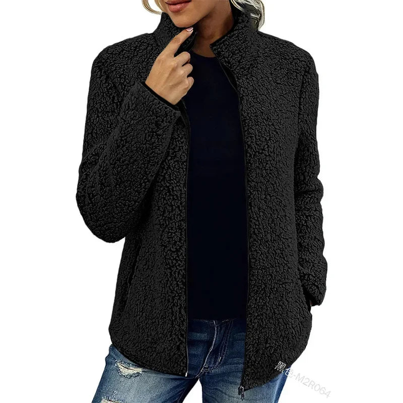 Women's Winter Teddy Jacket - Full Zip and High Collar Design