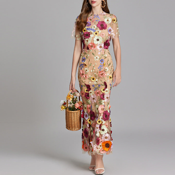 Women's Elegant Embroidered Midi Dress - Sleeveless, Timeless Design