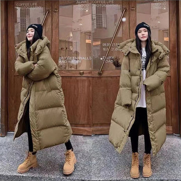 Women's Winter Puffer Coat - Longline Maxi with Detachable Hood Design