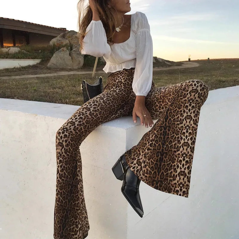 Women's Leopard & Tiger Print Flared Leggings - High Waist Club Wear